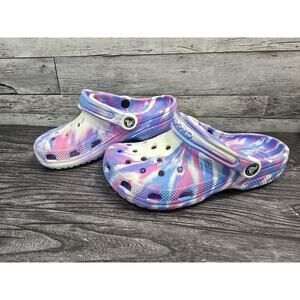 Crocs Classic Clog Kids J4 Purple Blue Pastel Marbled Tie Dye Slip On Sandals